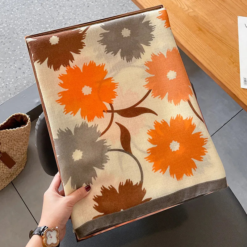 women's elegant sweet flower cotton and linen printing silk scarf