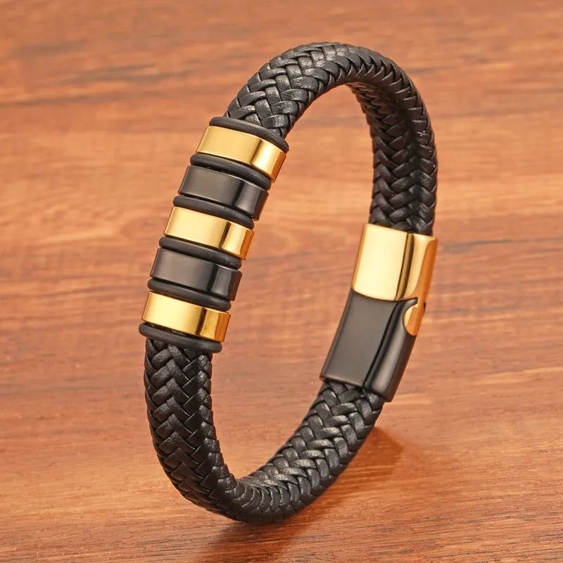 Leather Cord Bracelet Men's Stainless Steel Authentic Leather Weave Bracelet Handmade Metal Leather Bangle Jewelry