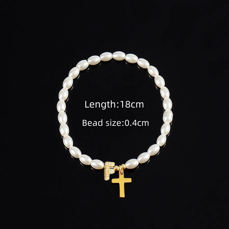 Simple Style Cross Letter 304 Stainless Steel Artificial Pearl Copper Beaded Chain Bracelets In Bulk