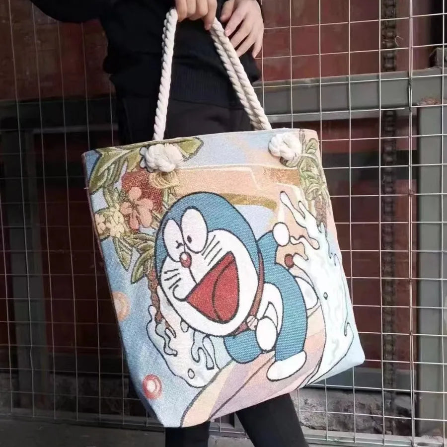 Women's Large Canvas Animal Cartoon Vacation Ethnic Style Bucket Zipper Tote Bag