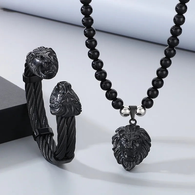 Wholesale Jewelry Hip-Hop Lion 304 Stainless Steel Agate Bangle Necklace