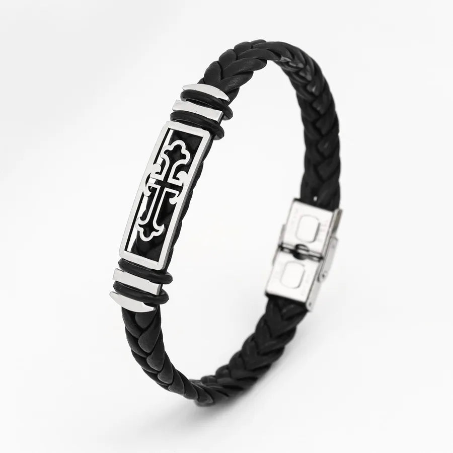Retro Punk Solid Color 304 Stainless Steel Pu Leather Plating Men's Bangle Men Cord & Leather Bracelets