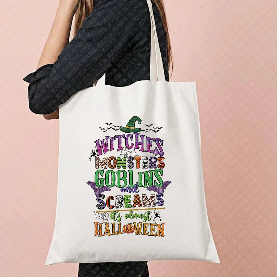 Halloween Witch Pattern Canvas Tote Bag Reusable Shopping Bag For Commuting Traveling Women Large Square Fashionable Bag