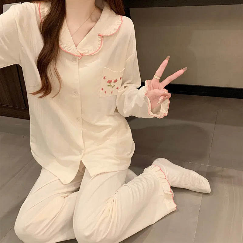 Tulip Floral Cotton Like Sleepwear Women's Long Sleeve Home Clothes Set Sweet Lace Design Comfortable Breathable All Seasons