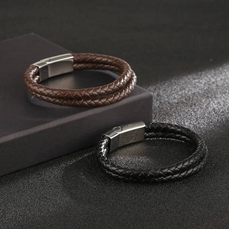 hip-hop streetwear geometric pu leather men's bangle