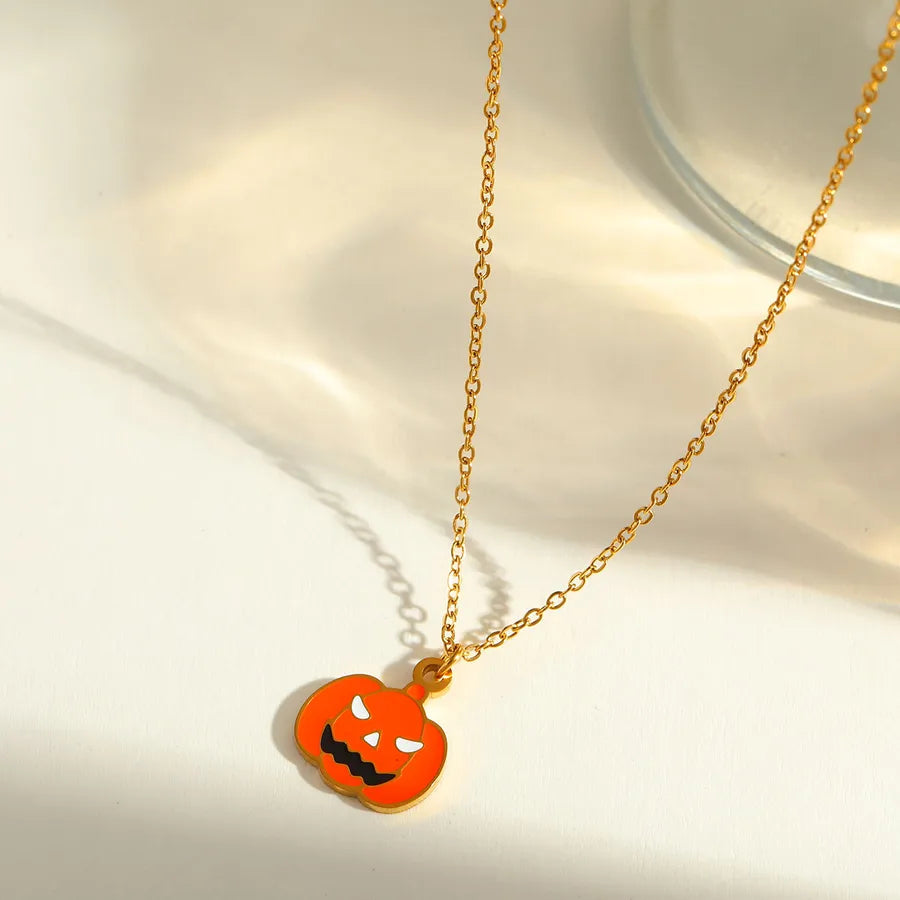Gold Plated Stainless Steel Halloween Series Drop Oil Pumpkin Face Pendant Necklace Funny Skeleton Head Spider Design Jewelry