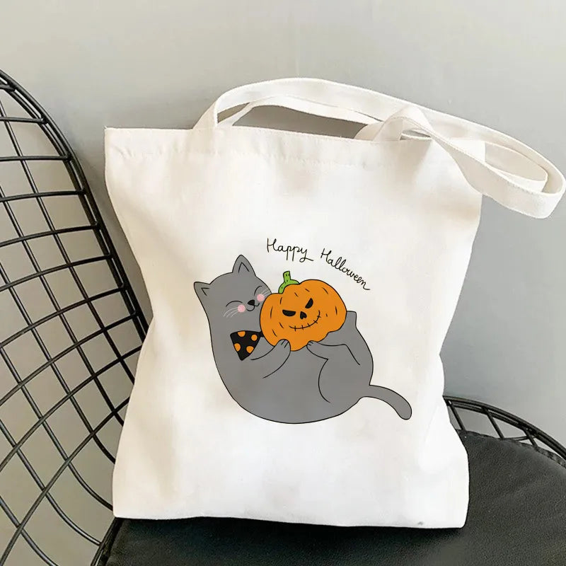 Halloween Women's Medium Canvas Pumpkin Cat Cute Square Open Underarm Bag