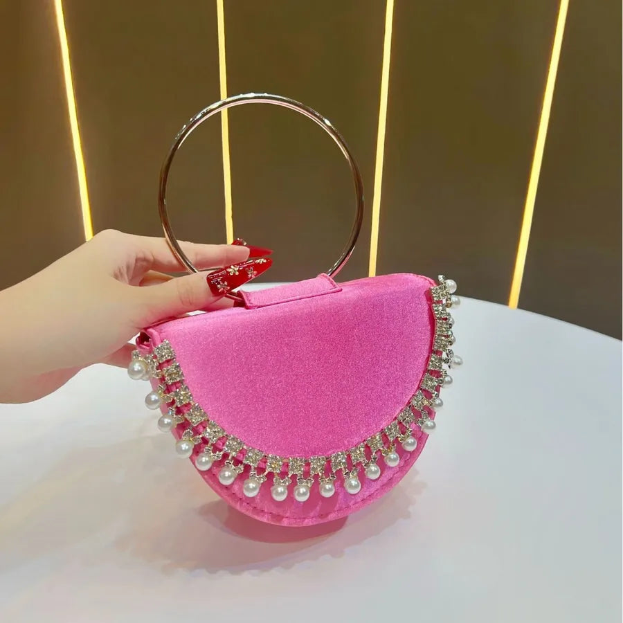 New Women's Round Ring Clutch Bag Rhinestone Evening Handbag Small Red Book Handbag Water Diamond Bags Fashion Elements