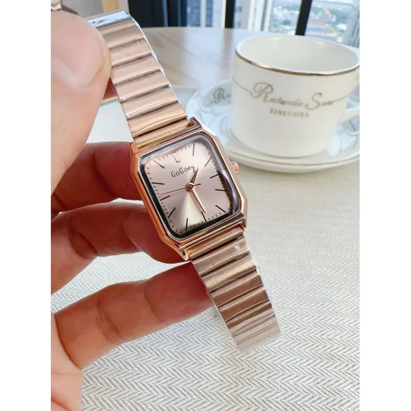Elegant Quartz Women's Watch Square Steel Band Simple Fashion Retro New Model Round Dial Leather Strap Casual Style