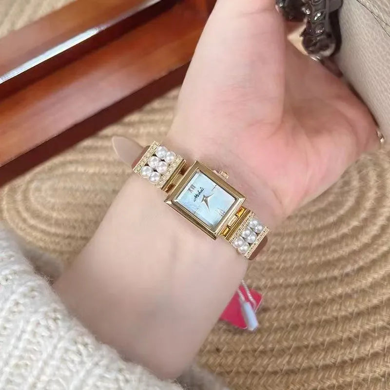 Luxurious Pearl Women's Watch Genuine Leather Strap Quartz Movement Square Face Fashionable Minimalist Design New  Model