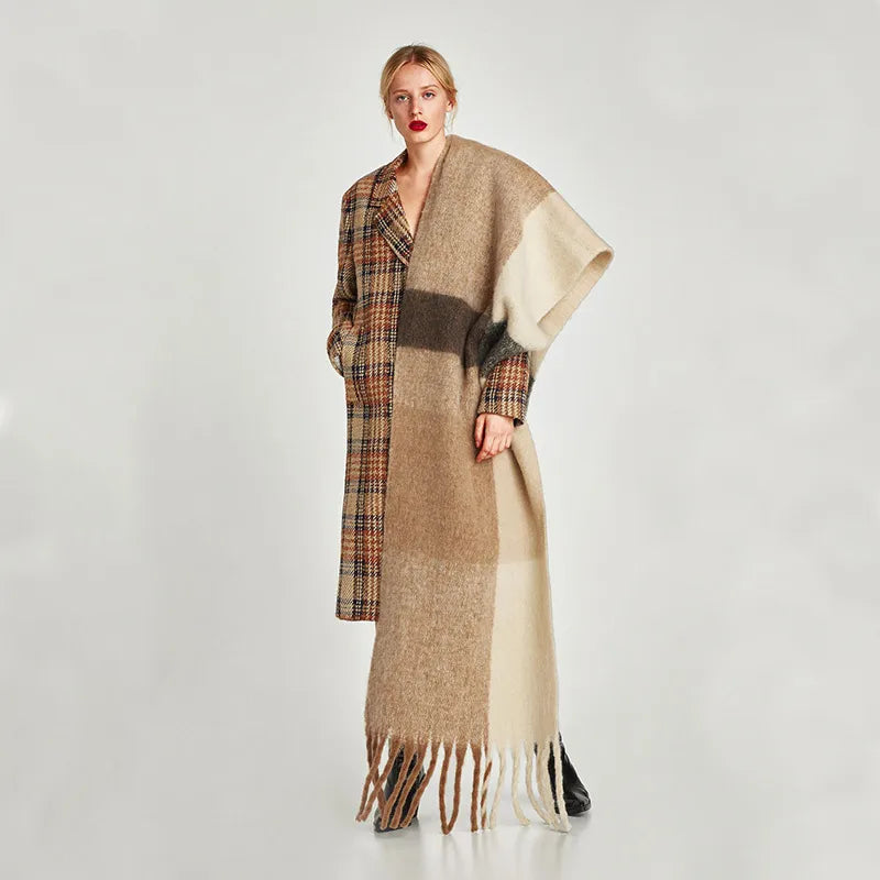 women's fashion color block imitation cashmere tassel winter scarves