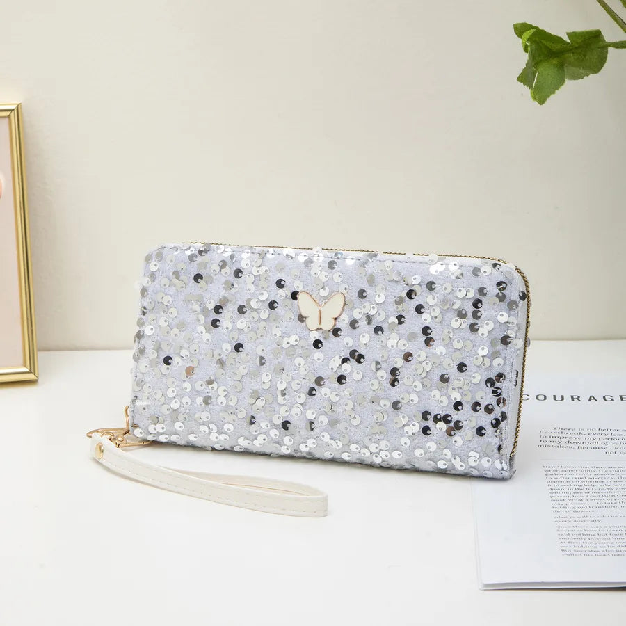 Ladies Glitter Clutch Bag Simple Butterfly Decoration Long Wallet Coin Purse Fashionable Elegant Square Shape Sparkling Bag