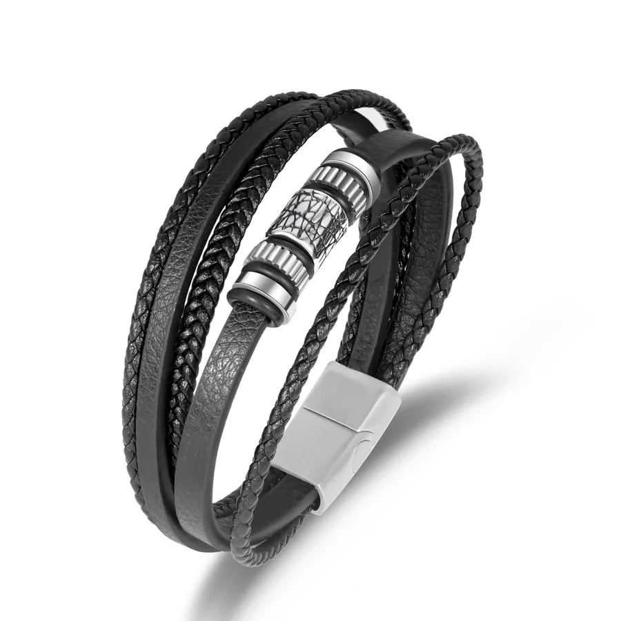 Retro Punk Solid Color 304 Stainless Steel Pu Leather Men's Bangle Men Cord & Leather Bracelets