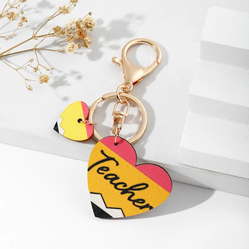 Modern Style Letter Heart Shape Apple Wood Teachers' Day Unisex Keychain