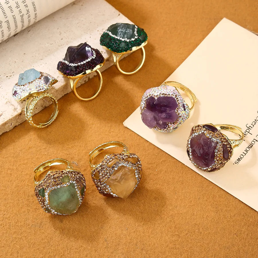 Elegant Vacation Handmade Irregular natural stone Crystal Copper Asymmetrical Irregular Natural Stone Crystal 14K Gold Plated Women's Open Rings