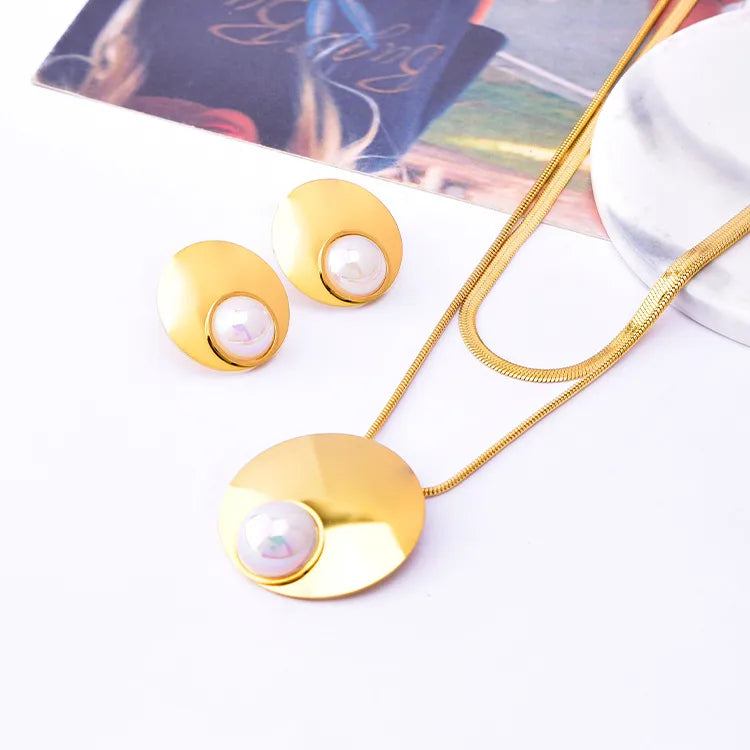 lady round titanium steel inlay freshwater pearl women's earrings necklace
