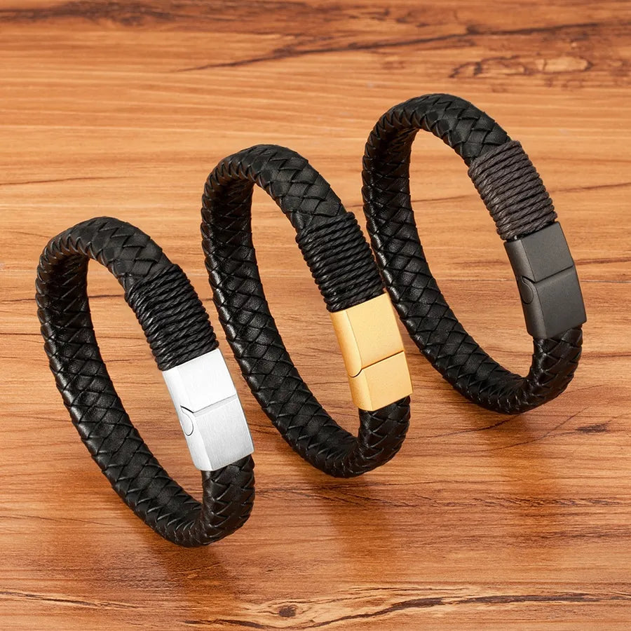 Streetwear Geometric 304 Stainless Steel Leather Plating Men's Bracelets Men Cord & Leather Bracelets
