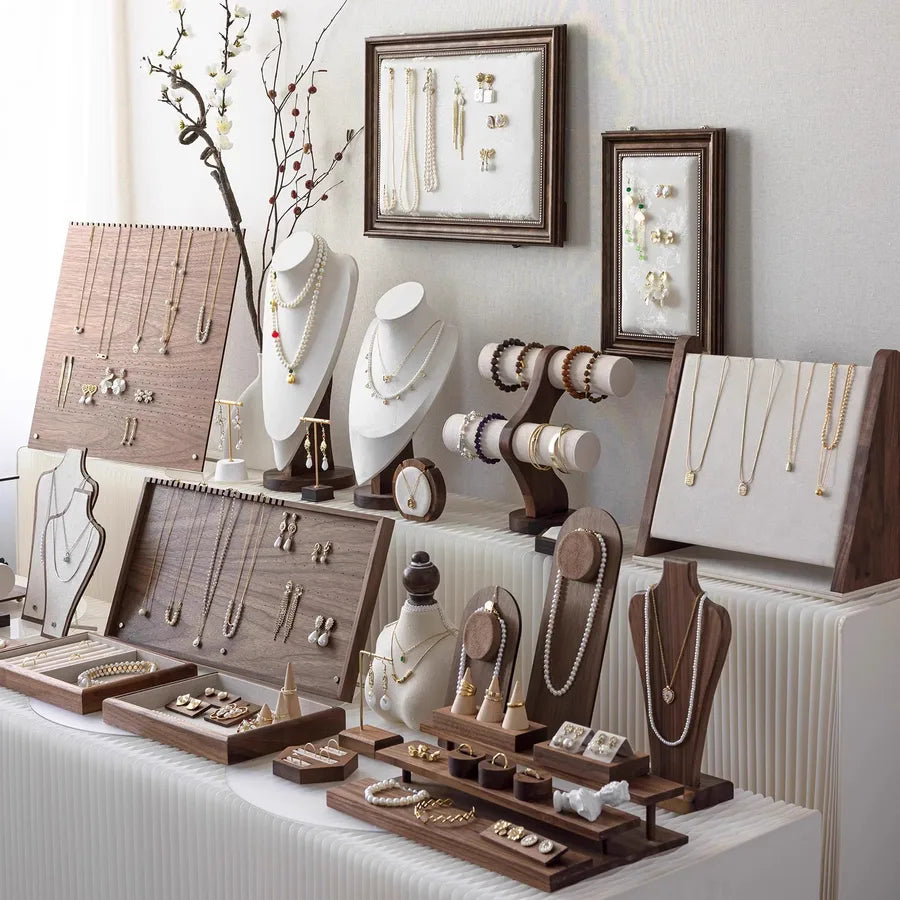 Retro Walnut Color Jewelry Display Stand Ring Earring Necklace Stall Jewelry Accessories Display Plate Shop Counter Top