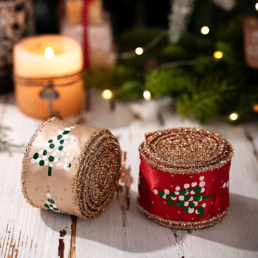 HaoBei New Print Onion Powder Small Tree Woven Belt Christmas Satin Ribbon Christmas Tree Flower Ring Decoration Silk Ribbon Arrangement Colorful Belt