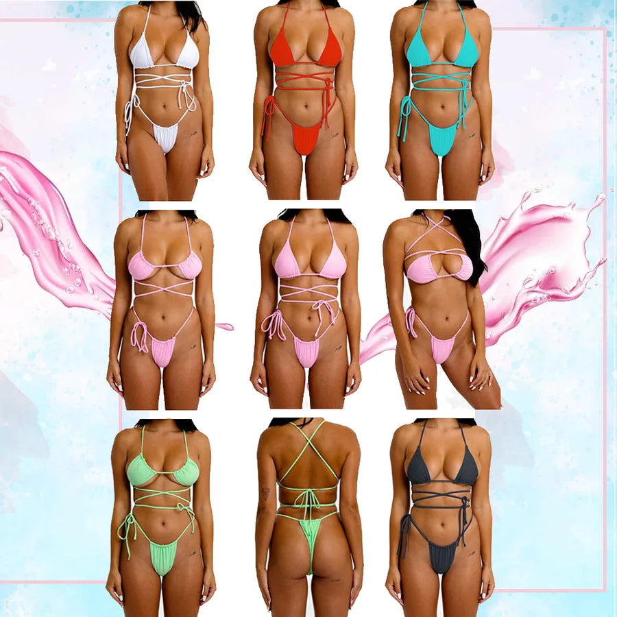 women's solid color 2 piece set bikinis