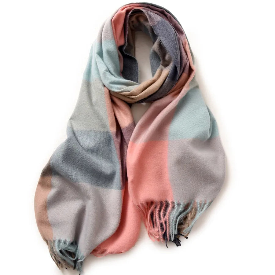 women's retro plaid imitation cashmere tassel winter scarves