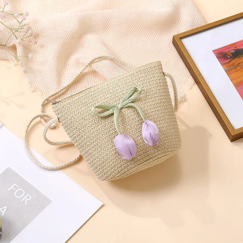 Summer Beach Seaside Tulip Straw Woven Bag  New Children Flower Straw Bag Mobile Phone Crossbody Bag