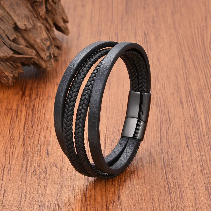 Casual Simple Style Classic Style Geometric 304 Stainless Steel Leather rope Layered Men's Bracelets