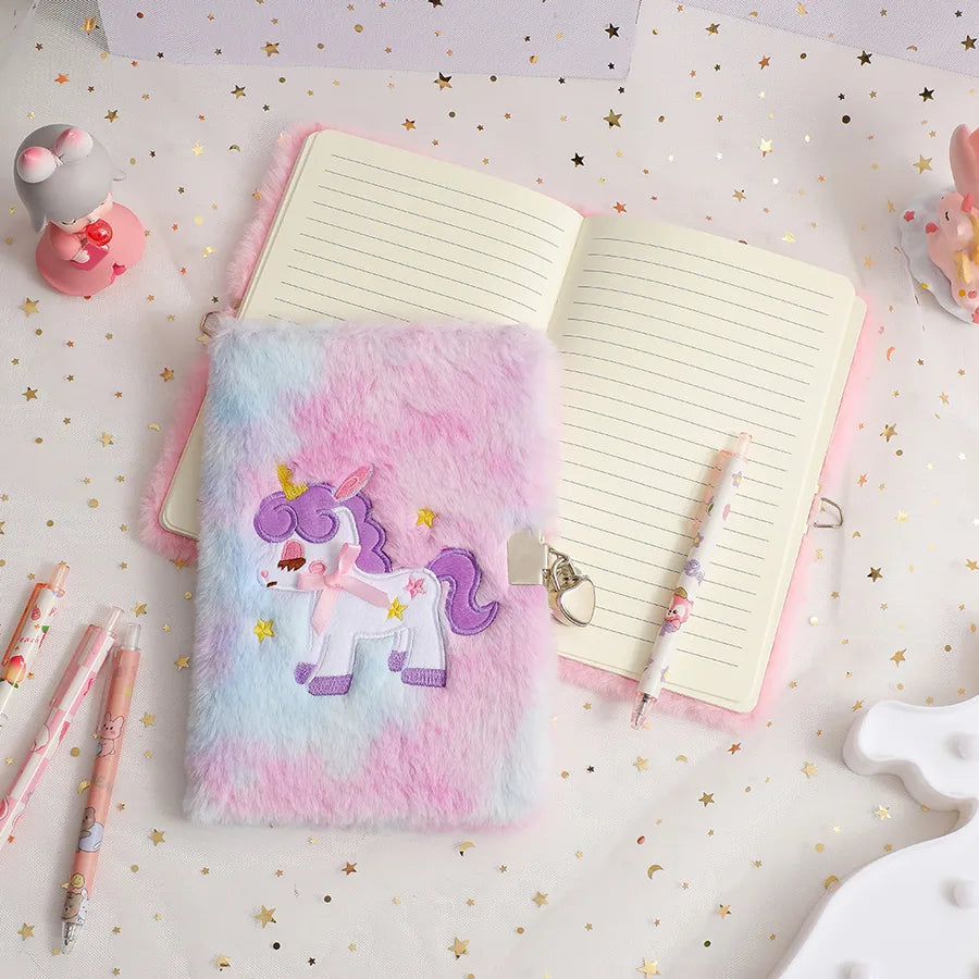 Cute  A5 Cartoon Plush Notebook With Lock For Students Writing Diary Book Lovely Girl Colorful Tied Dye Soft Toy Journal