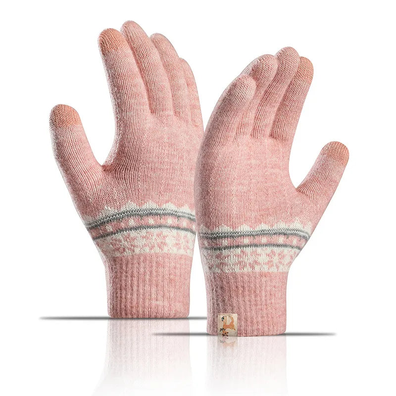 Factory direct supply knitted gloves women's warm winter double fleece padded wool jacquard student Touch Screen Gloves