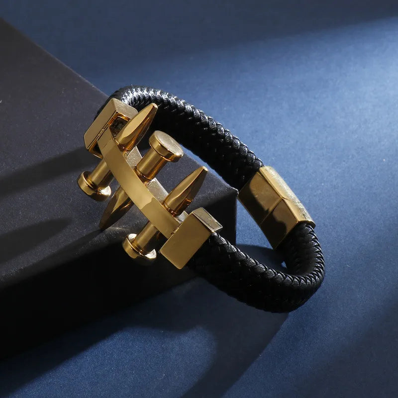 Hip-Hop Retro Color Block Pu Leather Titanium Steel Plating 18K Gold Plated Men's Bangle