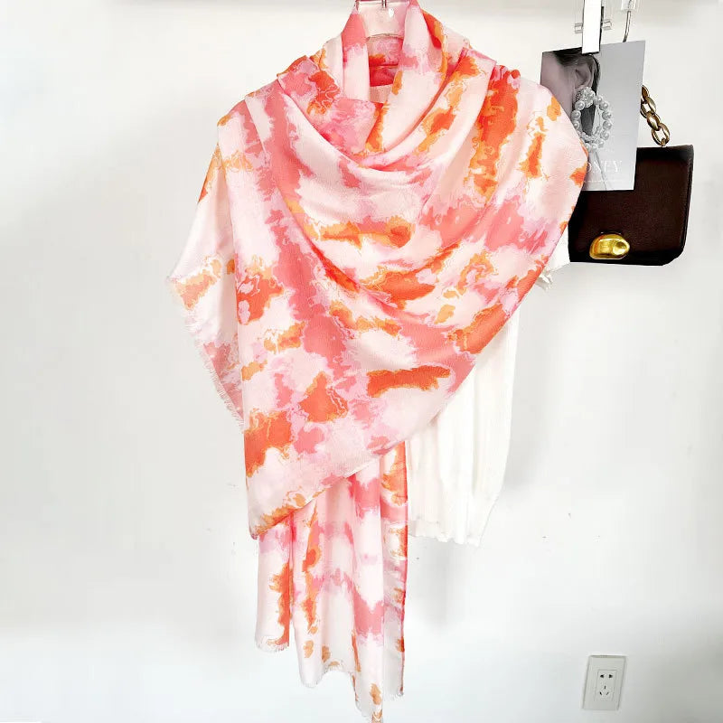Tourism Holiday Style Herringbone Tie-dyed Silk Scarf Women's Artistic All-match Mid-length Sunscreen Silk Scarf Beach Scarf Tide