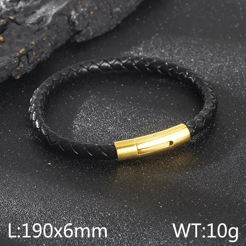 Simple Style Solid Color Leather rope Titanium Steel Plating 18K Gold Plated Men's Bangle