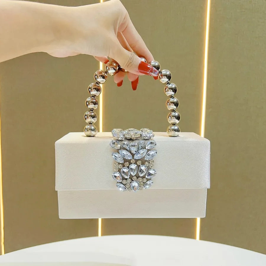 Shiny French Style Silk Satin Surface Pearl Box Handbag Women's Crossbody Bag For Party Elegant Fashionable Square Bag