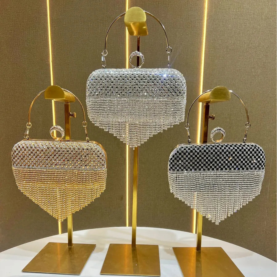 Fashionable Full Diamond Evening Clutch Bag Tassel Embellished Party Dress Wedding Gown Complement Square Polyester Bag