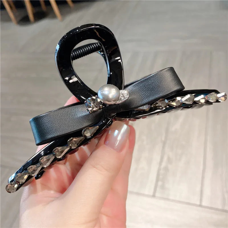 Large Size Pearl Rhinestone Leather Butterfly Knot Hair Clip Women Sweet Shark Clamp Back Of Head Updo Hair Accessory