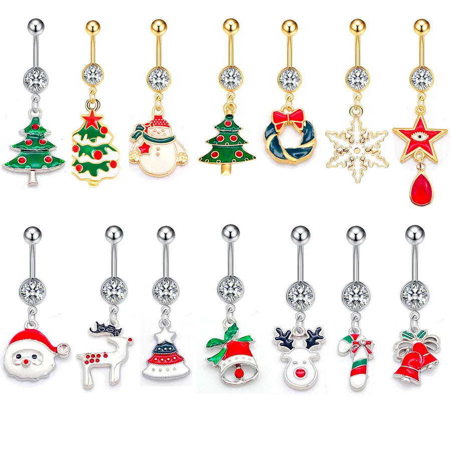Christmas Belly Button Ring Stainless Steel Belly Stud Santa Claus Snowflake Deer Pendant  Navel Jewelry