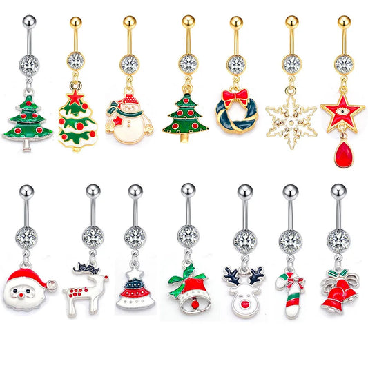 Christmas Belly Button Ring Stainless Steel Belly Stud Santa Claus Snowflake Deer Pendant  Navel Jewelry