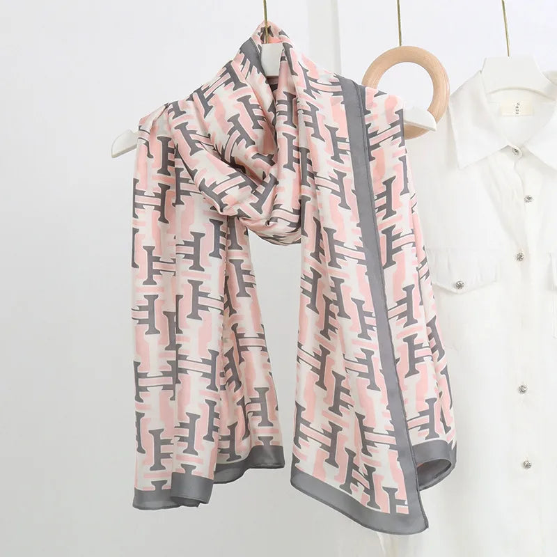 women's fashion letter plaid satin printing silk scarves