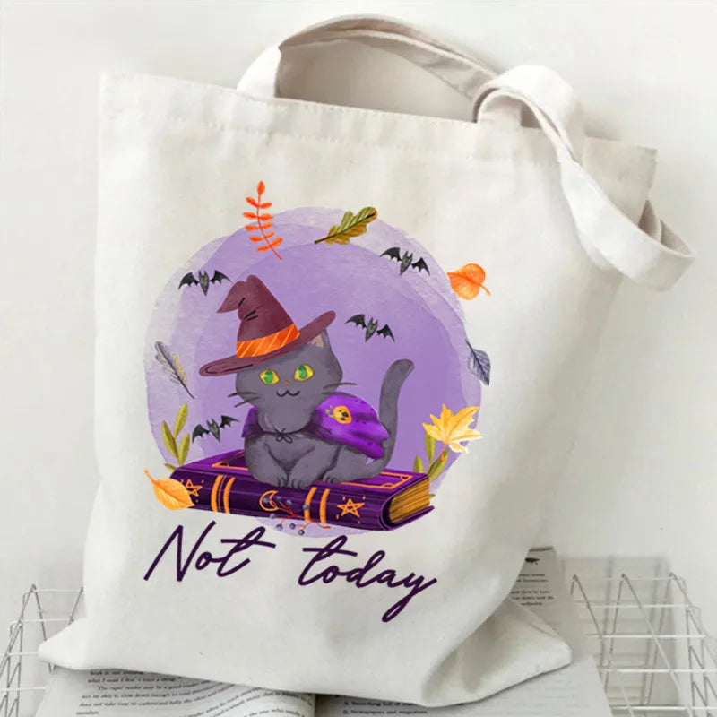 Halloween Printed Canvas Bag Single Shoulder Foldable Handbag Shopping Bag Large Size Square Shape Tote Bag With Double Strap