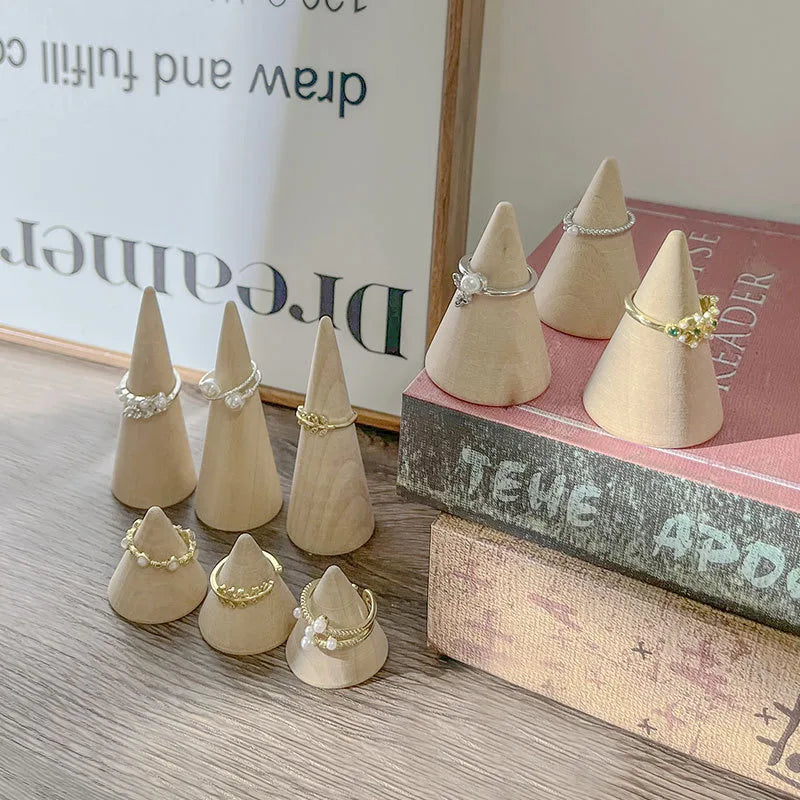 Retro Wooden Ring Display Stand Cone Shape Jewelry Creative Showcase Simple Style Nordic Craft Accessory Photo Prop