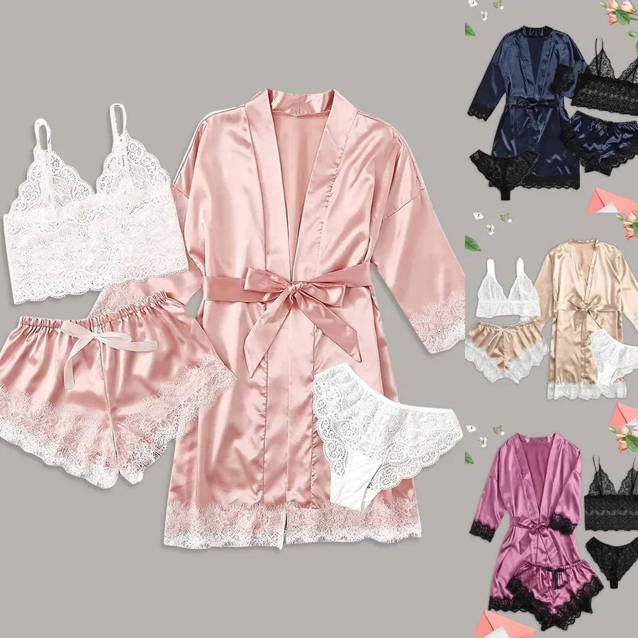 Elegant Solid Color Pajama Sets Imitated Silk Polyester Shorts Sets Lingerie & Pajamas
