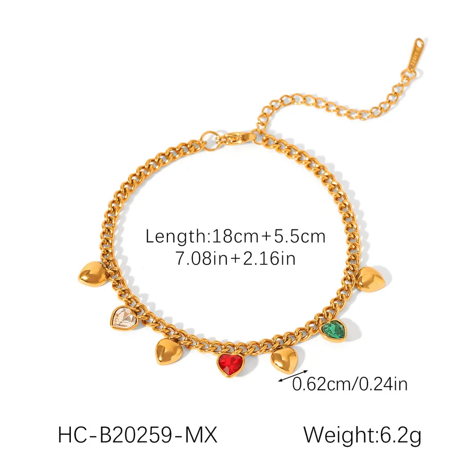 Cute Luxurious Romantic Heart Shape 304 Stainless Steel 18K Gold Plated Zircon cable chain Bracelets In Bulk