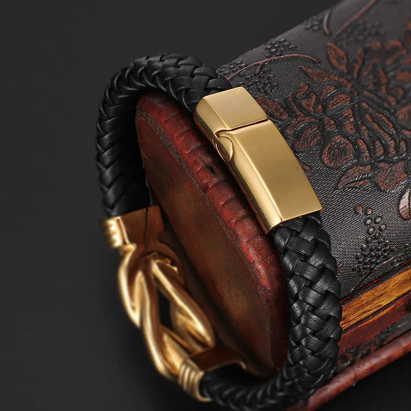 Hip-Hop Retro Color Block Pu Leather Titanium Steel Plating 18K Gold Plated Men's Bangle