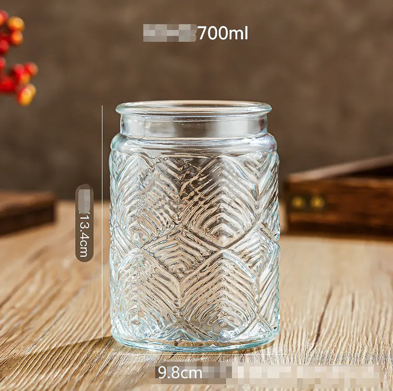 Glass Embossed Glass Sealed Jar Square Storage Jar Snack Dried Fruit Storage Jar Kitchen Household Glass Jar Vintage