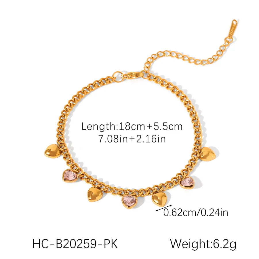 Cute Luxurious Romantic Heart Shape 304 Stainless Steel 18K Gold Plated Zircon cable chain Bracelets In Bulk