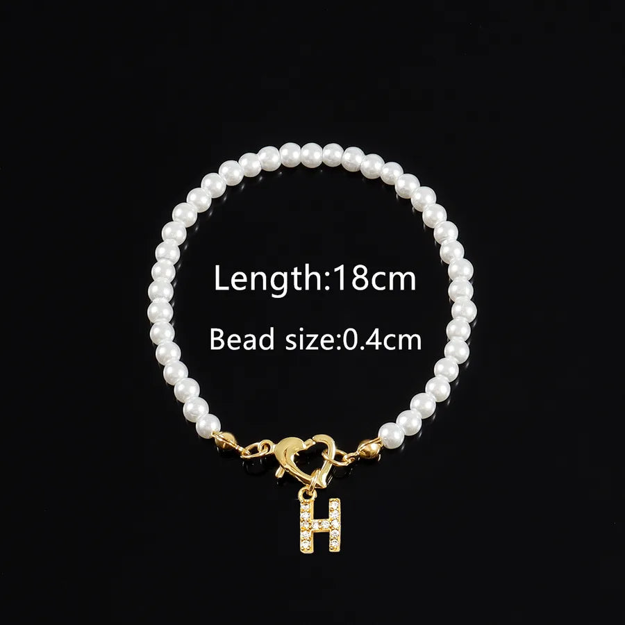 Elegant Classic Style Letter Heart Shape Zircon Artificial Pearl Copper Beaded Chain Beaded Bracelets Wholesale