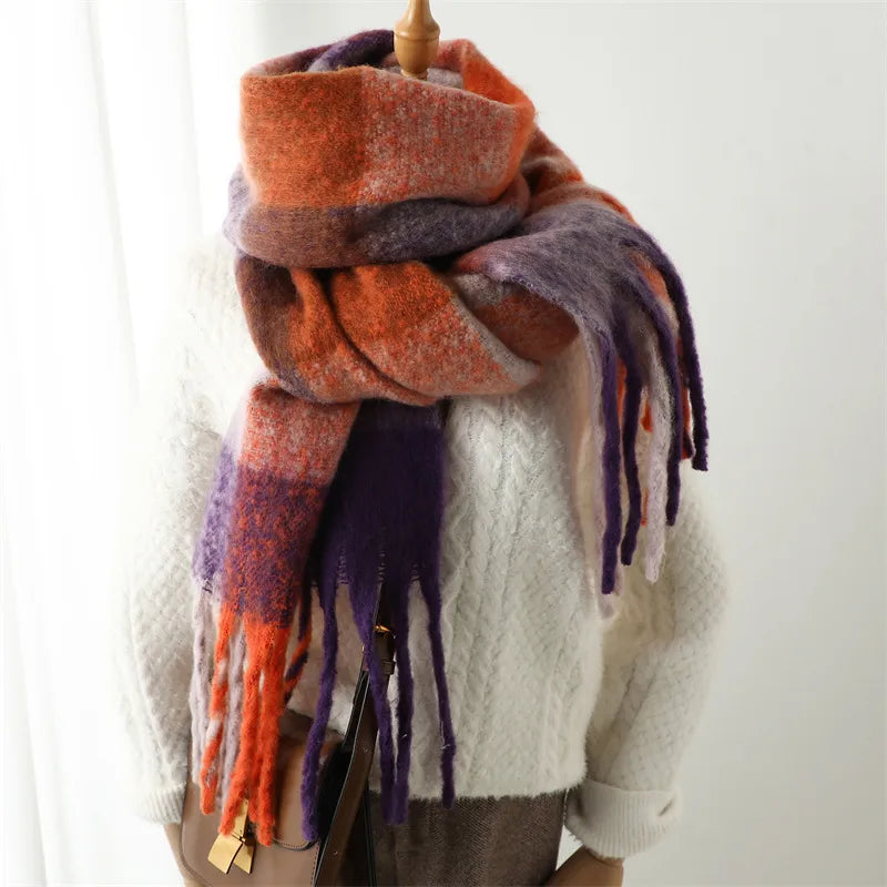 women's casual plaid imitation cashmere tassel scarf