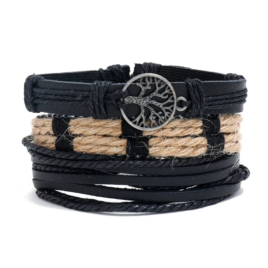 retro geometric pu leather alloy rope men's bracelets
