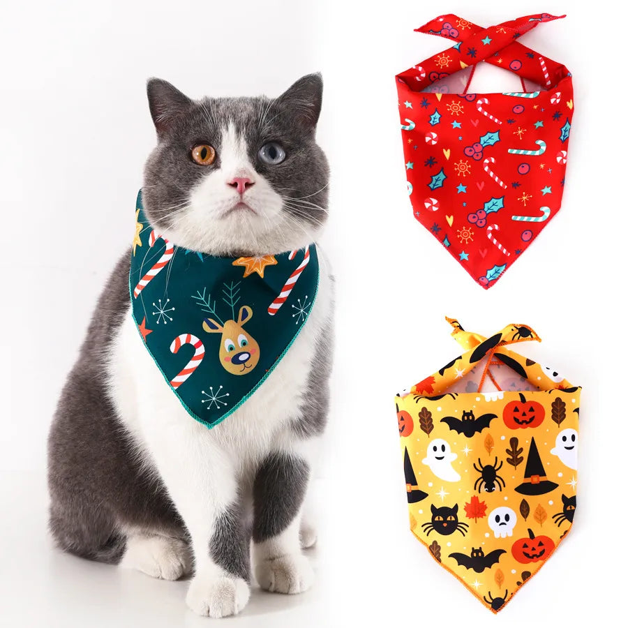 pet cat dog print christmas halloween party triangle bib decoratio