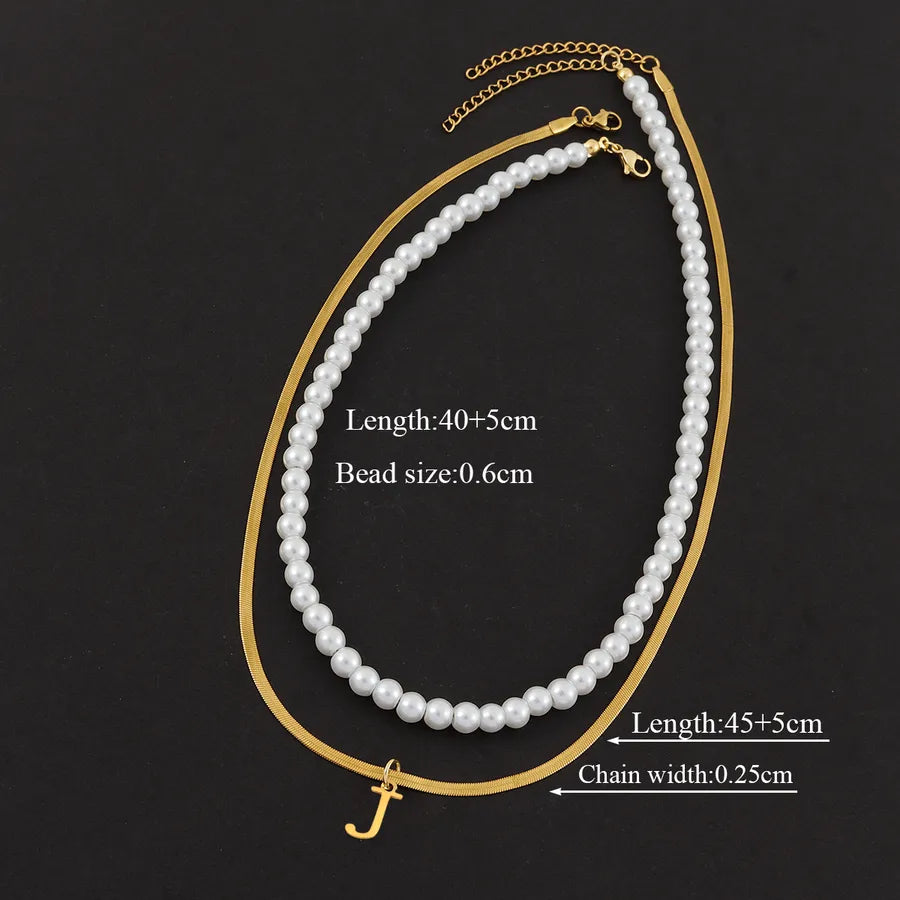 Casual Elegant Simple Style Letter 201 Stainless Steel 304 Stainless Steel Artificial Pearl Beaded Chain snake chain Layered Necklaces Wholesale